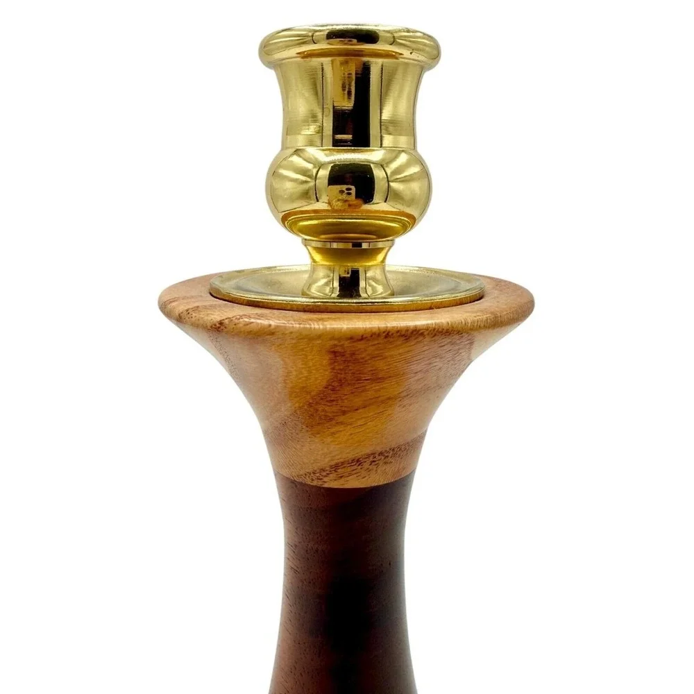 Turned Wood Brass Candlestick The Final Turn Artisan Signed Adirondack NY ~ 7